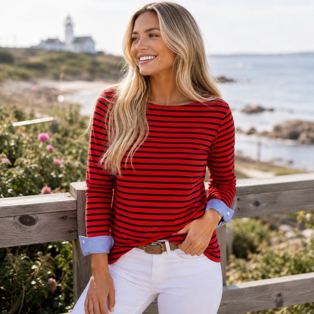 J.Crew Womens XS Red Navy Striped Boatneck Top Light Blue Contrast‎ Cuffs Cotton